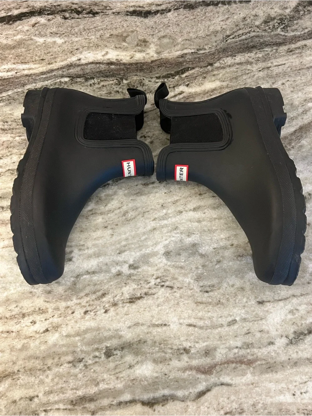 Hunter women’s Black Chelsea Rain Boots with Red Logo
